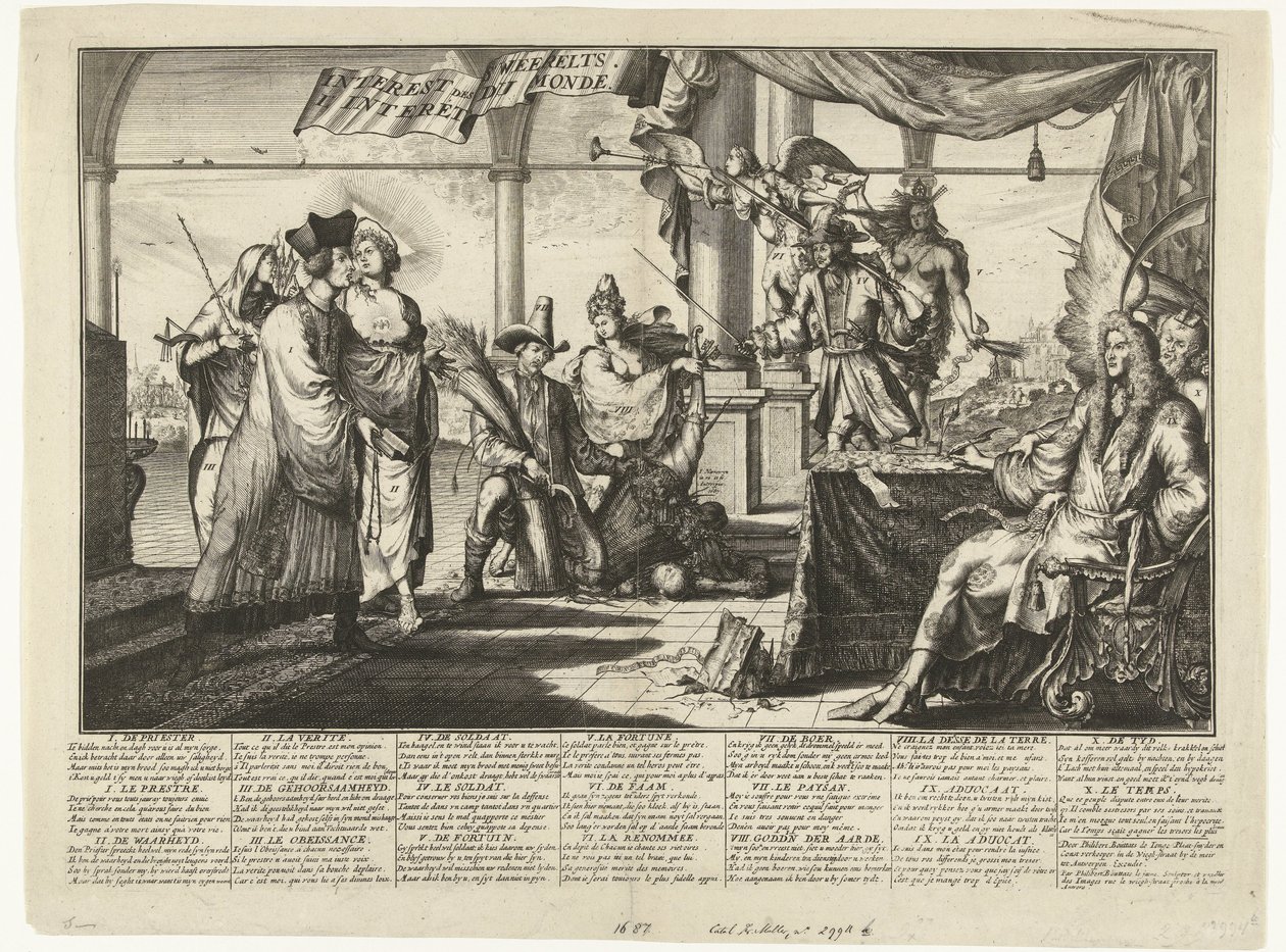 Tegneserie av advokatstanden som tjener på menneskets krangel, 1687 Interest des