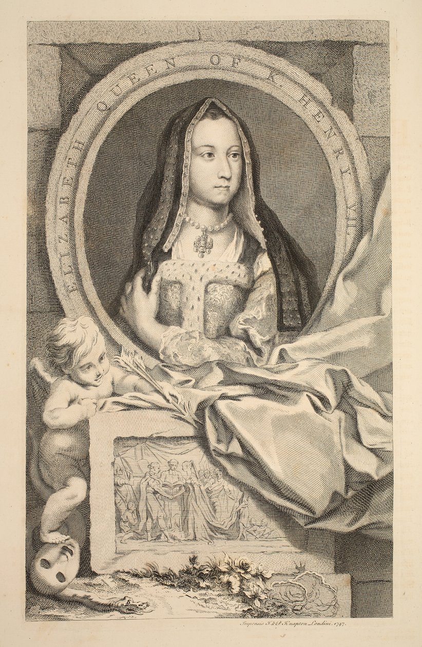 Portrett av Elizabeth, dronning av Henry VII, illustrasjon fra "Heads of Illustrious Persons of Great Britain", pub. av Knapton, London 1742 av Jacobus Houbraken