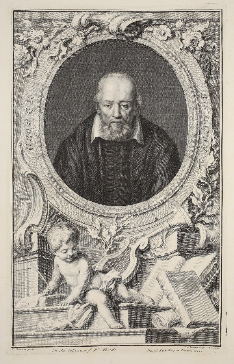 Portrett av George Buchanan, etter Frans Pourbus, illustrasjon fra 'Heads of Illustrious Persons of Great Britain', pub. av Knapton, London 1742 av Jacobus Houbraken