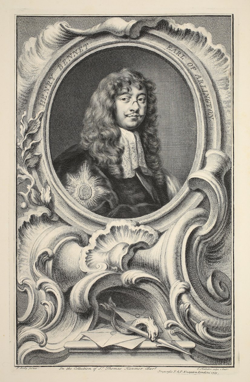Portrett av Henry Bennet, jarl av Arlington, illustrasjon fra "Heads of Illustrious Persons of Great Britain", pub. av Knapton, London 1742 av Jacobus Houbraken