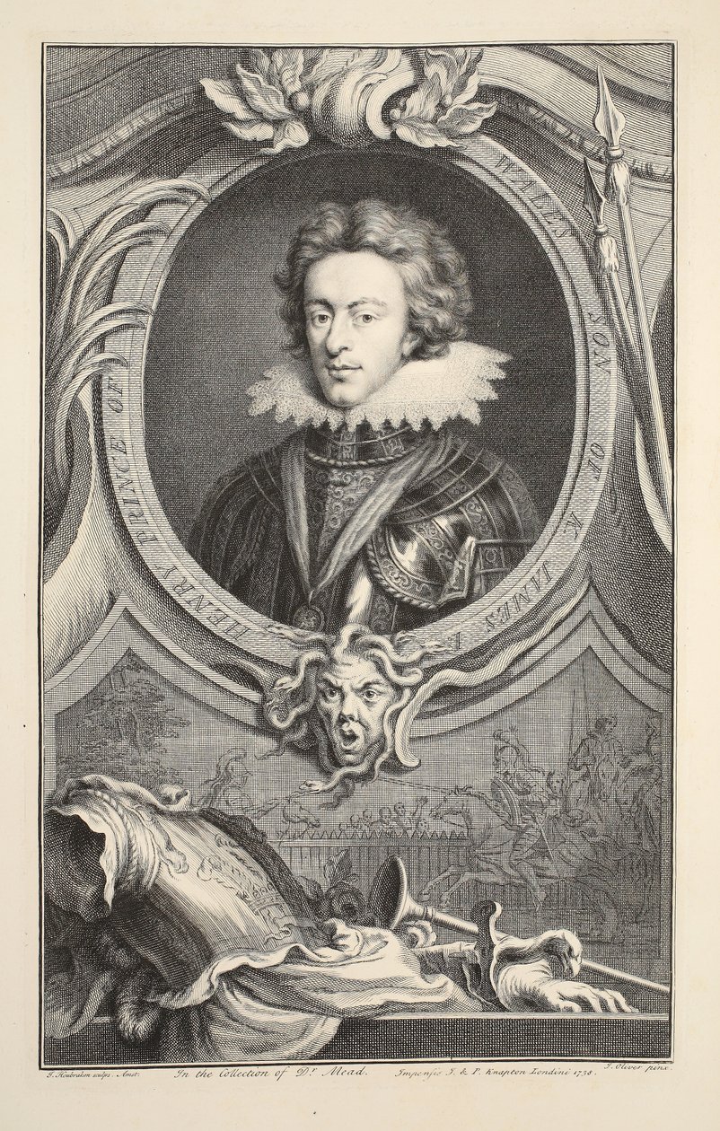 Portrett av Henry, Prince of Wales, illustrasjon fra "Heads of Illustrious Persons of Great Britain", pub. av Knapton, London 1742 av Jacobus Houbraken