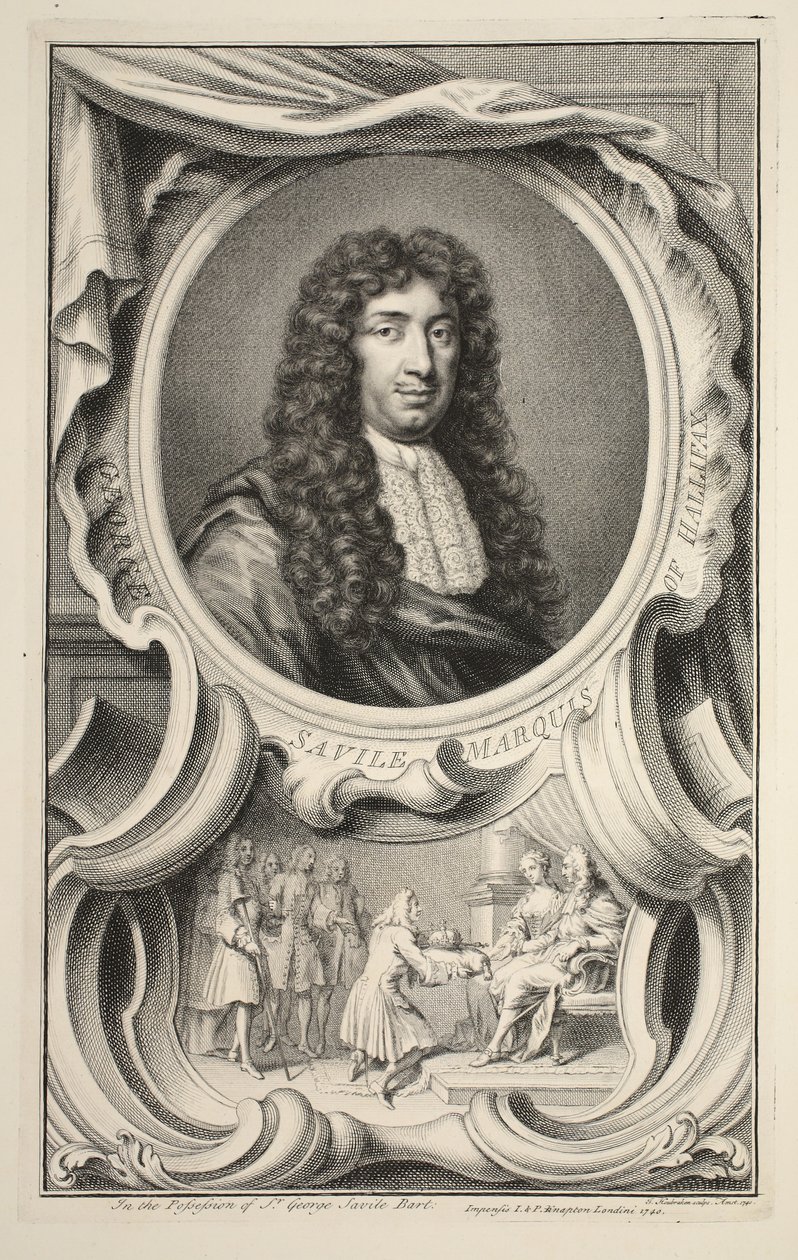 Portrett av Savile, Marquis of Halifax, illustrasjon fra 'Heads of Illustrious Persons of Great Britain', pub. av Knapton, London 1742 av Jacobus Houbraken