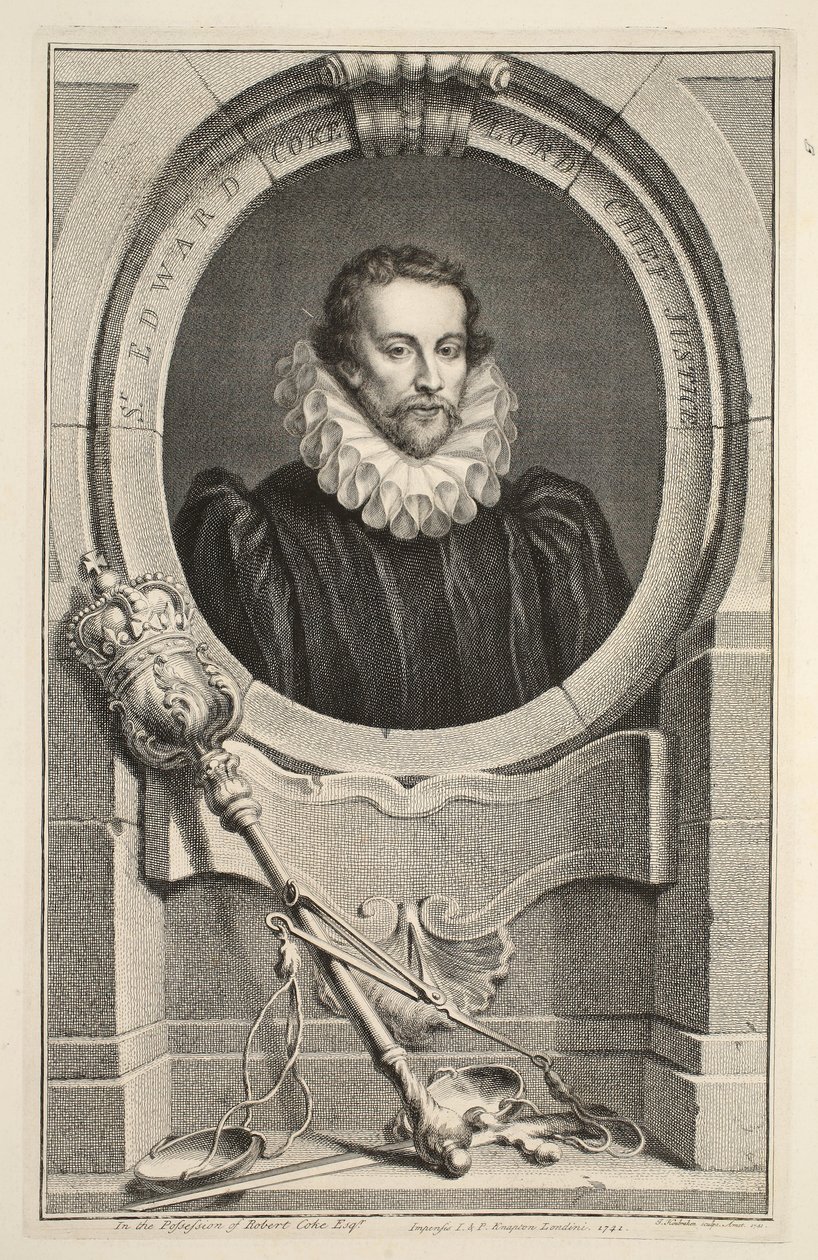 Portrett av Sir Edward Coke, Lord Chief Justice, illustrasjon fra 'Heads of Illustrious Persons of Great Britain', pub. av Knapton, London 1742 av Jacobus Houbraken