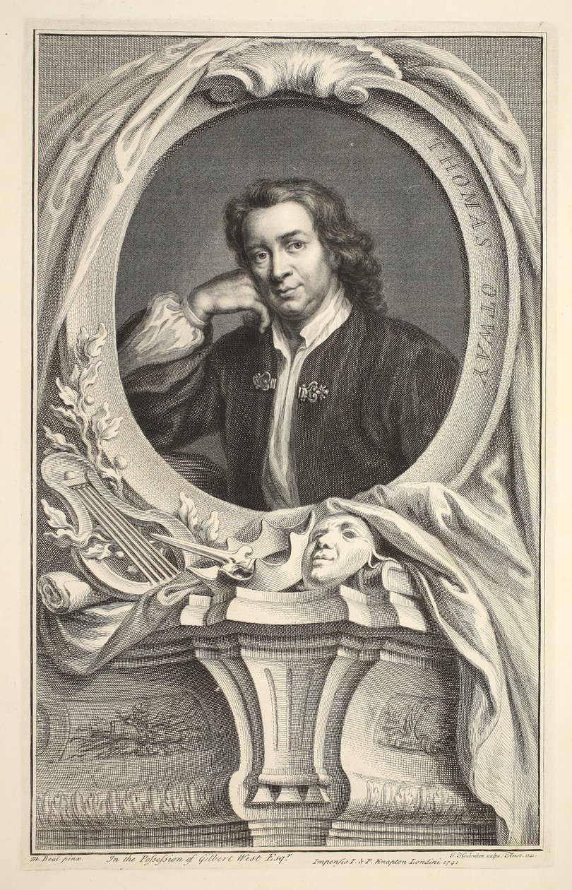 Portrett av Thomas Otway, illustrasjon fra 'Heads of Illustrious Persons of Great Britain', pub. av Knapton, London 1742 av Jacobus Houbraken