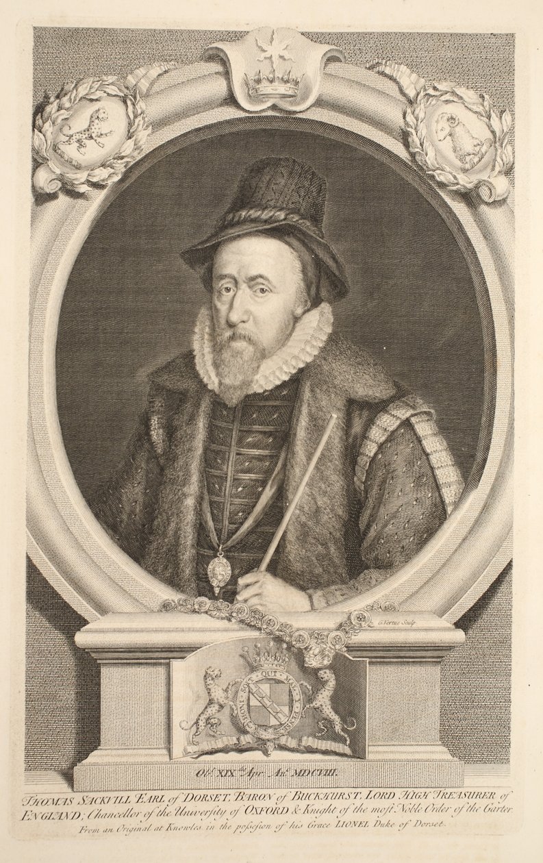 Portrett av Thomas Sackville, jarl av Dorset, baron av Buckhurst, illustrasjon fra 'Heads of Illustrious Persons of Great Britain', pub. av Knapton, London 1742 av Jacobus Houbraken