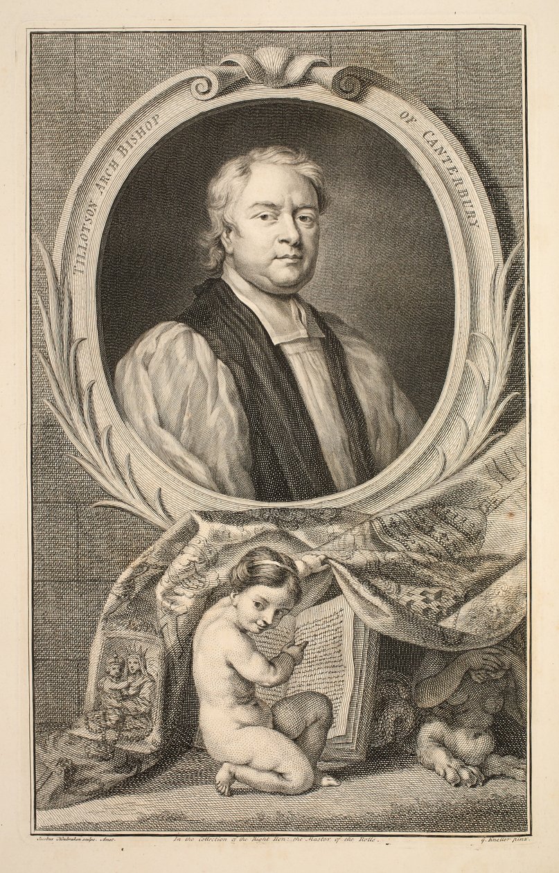 Portrett av Tillotson, erkebiskop av Canterbury, illustrasjon fra 'Heads of Illustrious Persons of Great Britain', pub. av Knapton, London 1742 av Jacobus Houbraken