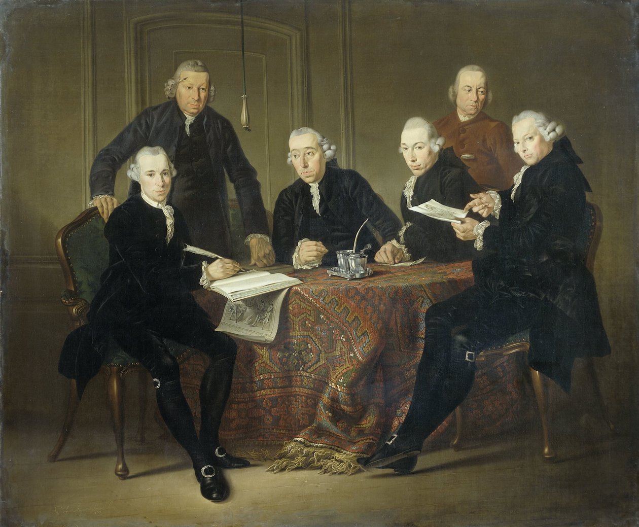 De fire regentene, sekretæren og husfaren til de spedalskes hus i Amsterdam, 1773 av Jacobus Luberti Augustini