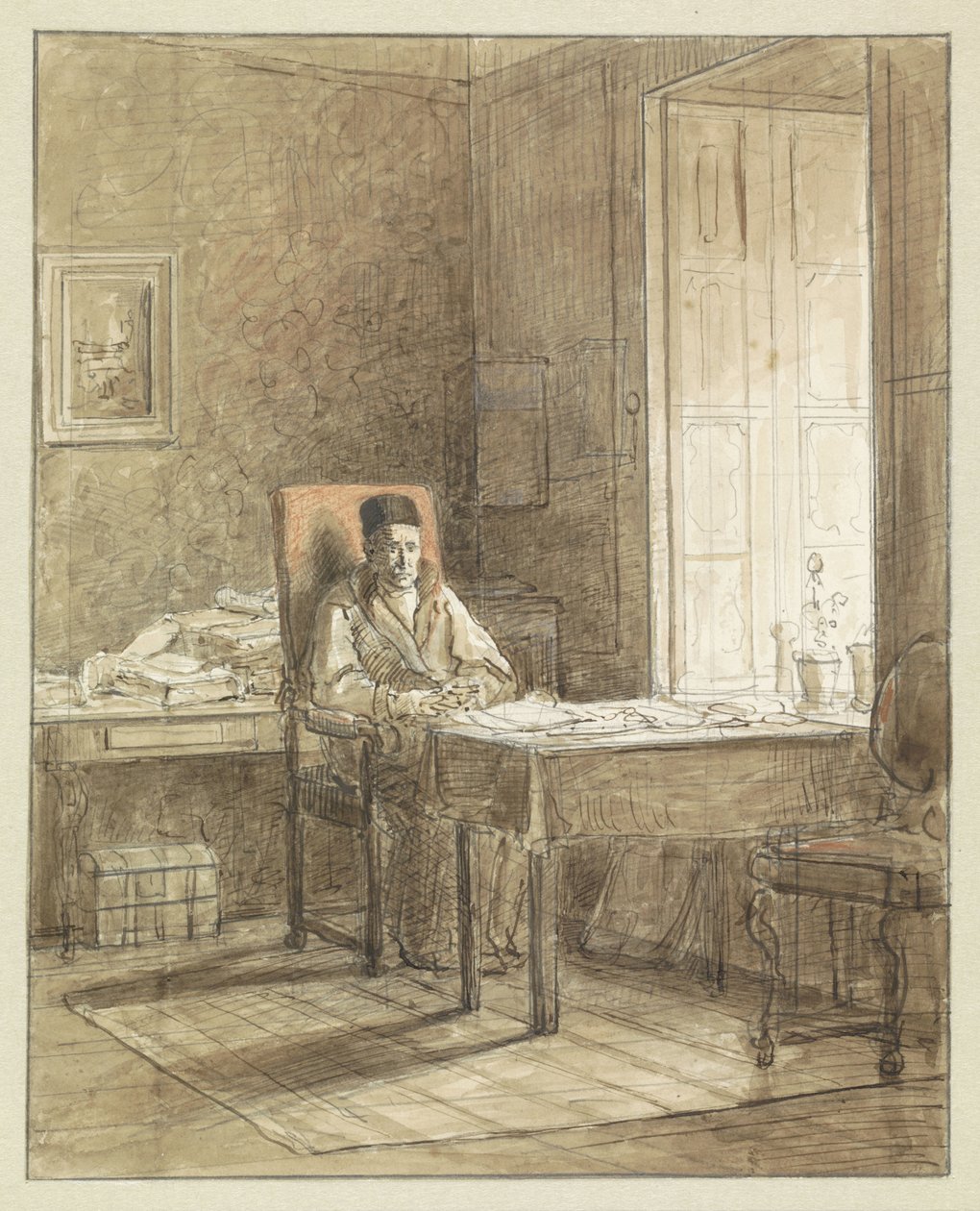 Portrett av Gerrit Lamberts, sittende i en lenestol i Print Room av Jacobus Ludovicus Cornet