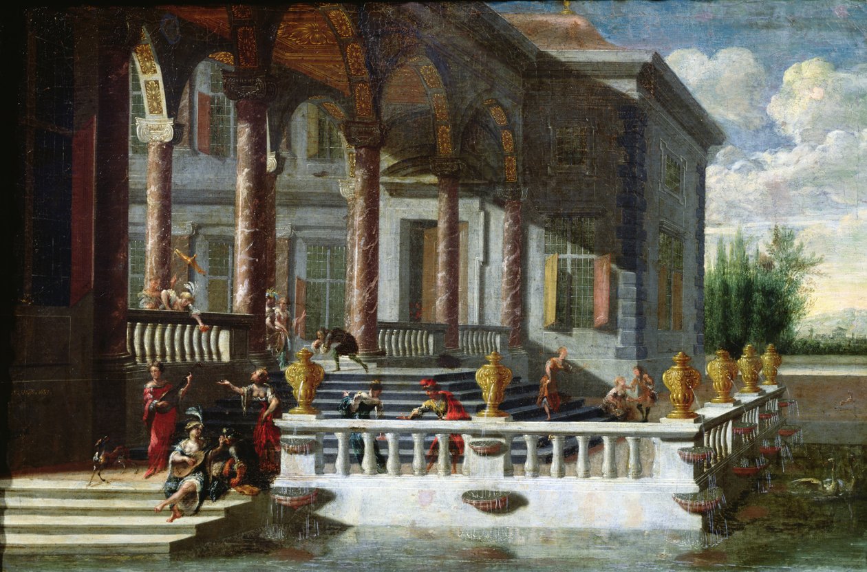 Italiensk palass med galleri og terrasse (maleri) av Jacobus Saeys