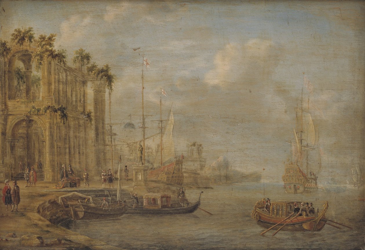 Havnescene med antikke ruiner av Jacobus Storck