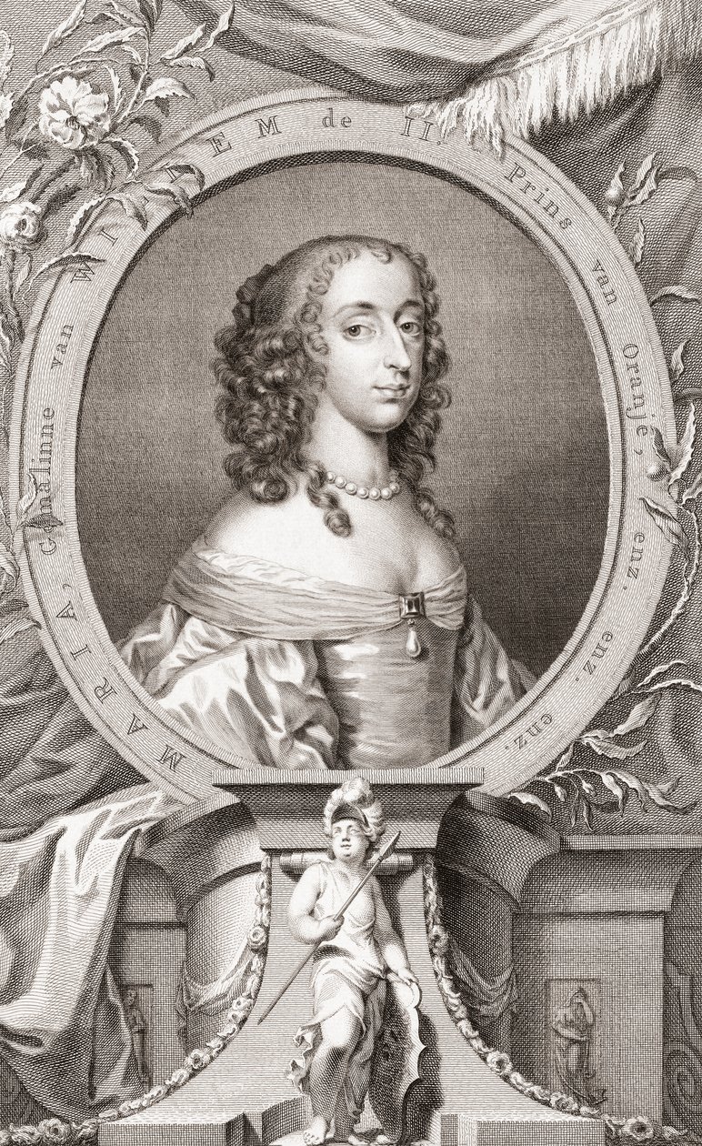 Mary, Princess Royal, Princess of Orange, grevinne av Nassau (1631-60) Datter av kong Charles I av England og hans kone Henrietta Maria av Frankrike, mor til kong William III av England (gravering) av Jacobus and Vertue George Houbraken