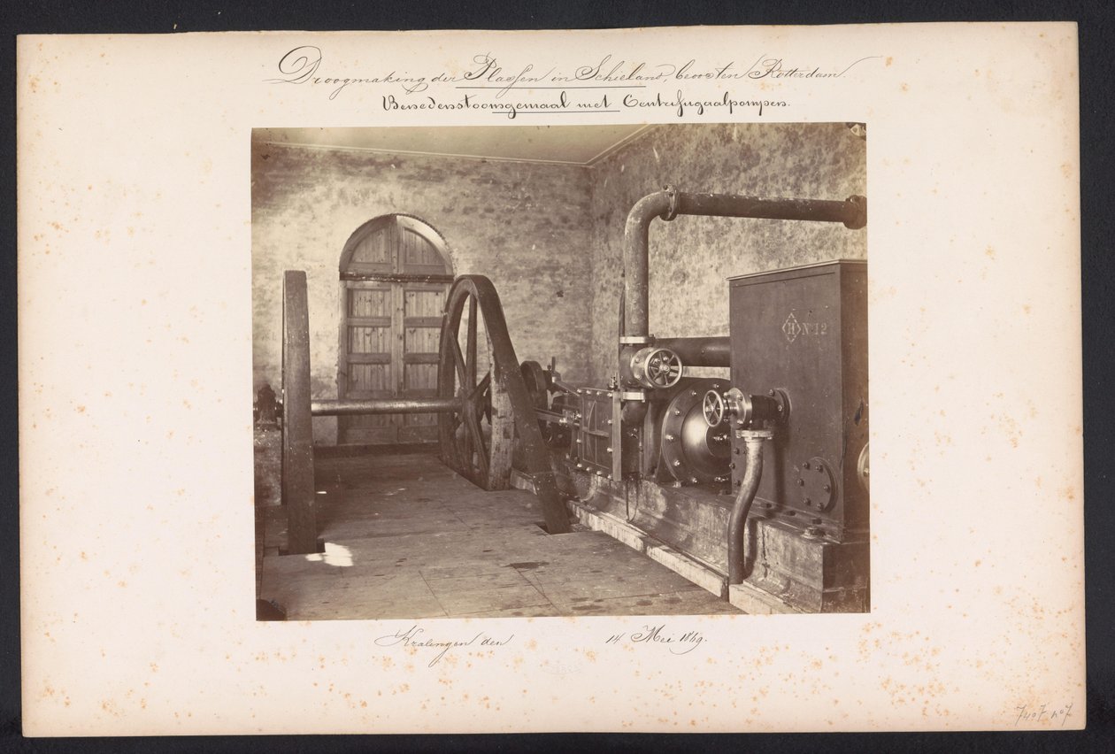 Damppumpestasjon med sentrifugalpumper / Kralingen den 14. mai 1869 (tittel på objekt) Gjenvinning av innsjøene i Schieland øst for Rotterdam (serietittel på objekt) av Jacobus van Gorkom jr.