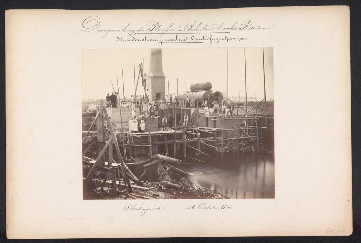 Damppumpestasjon med sentrifugalpumper / Kralingen den 26. oktober 1868 (tittel på objekt) Gjenvinning av innsjøene i Schieland øst for Rotterdam (serietittel på objekt) av Jacobus van Gorkom jr.