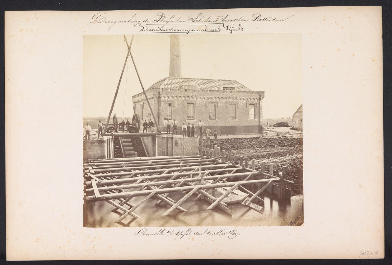 Nedenfor damppumpestasjon med Vijzels / Capelle aan den IJssel den 14. mai 1869 (tittel på objekt) Gjenvinning av innsjøene i Schieland øst for Rotterdam (serietittel på objekt) av Jacobus van Gorkom jr.