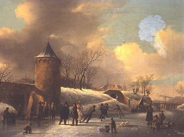 Skatere på en frossen vannvei ved et tårn av Jacobus van der Stok