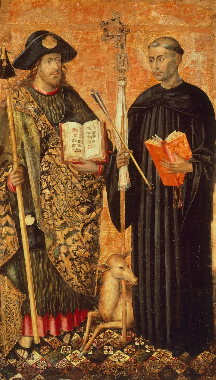 Saint James of Compostela representert i pelerin med staven, hatten og skallet. og eremitten Saint Gilles (7. århundre), ca. 1450 (tempera og olje på panel) av Jacomart (c.1413 61) Baco