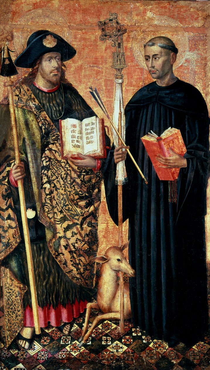 Saint James of Compostela representert i pelerin med staven, hatten og skallet. og eremitten Saint Gilles (7. århundre), ca. 1450 (tempera og olje på panel) av Jacomart (c.1413 61) Baco