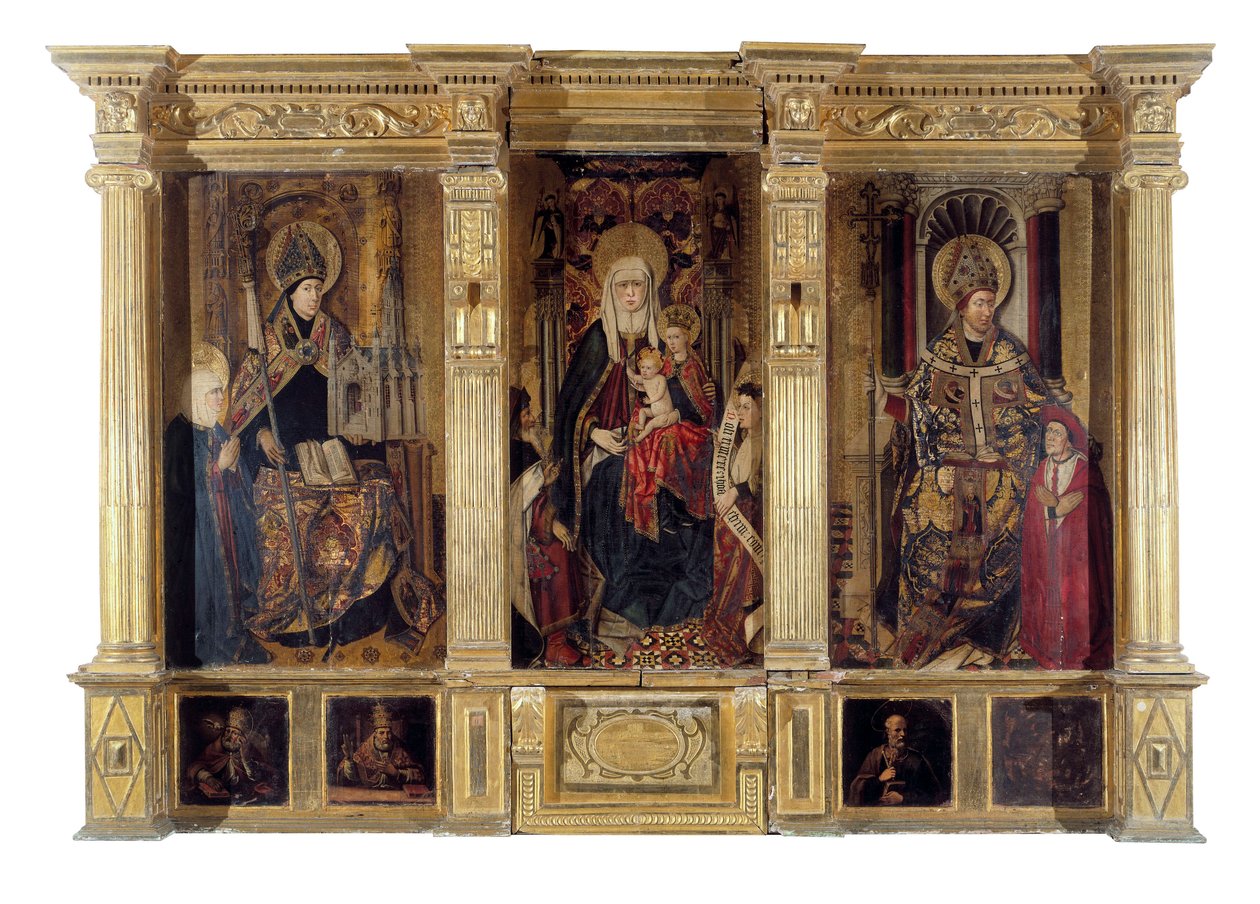 Altertavlen til Saint Ildefonso (død 667, biskop av Tolede) og St. Augustine av Hippo (ca. 354-430, berberfilosof og forfatter). Maleri av Jaume Baco dit Jacomart (1410-1461). Olje på tre, ca 1450, renessansekunst. Cathedrale Sainte Marie la Seu av Jacomart (c.1413 61) Baco
