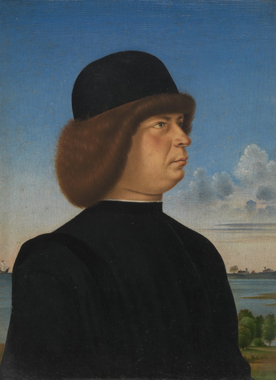 Portrett av Alvise Contarini, mot A Tethered Roebuck, ca. 1485-95. av Jacometto Veneziano
