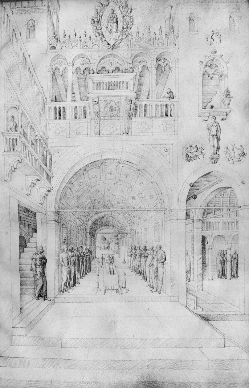 Jomfruens død i den rike arkitekturen til et venetiansk palass, fra Jacopo Bellinis album med tegninger (penn og blekk på vellum) av Jacopo Bellini