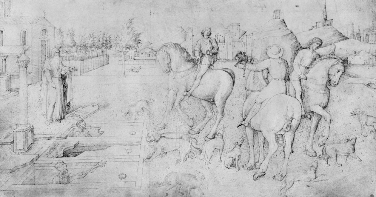 De tre døde mennene og de tre levende mennene, fra Jacopo Bellinis album med tegninger (penn og brunt blekk og metallspiss på vellum) av Jacopo Bellini
