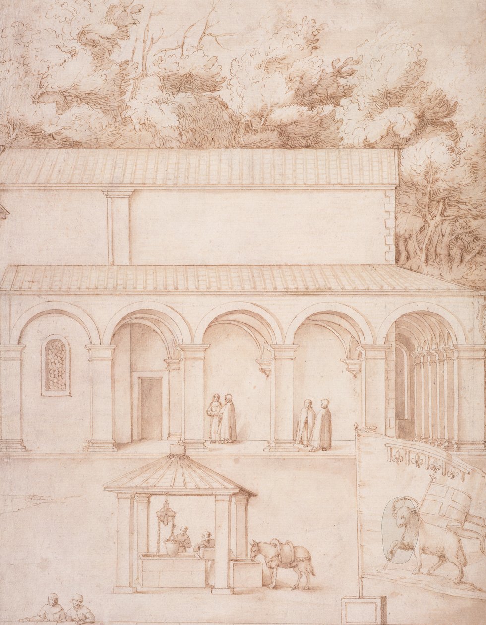 PD.54-1997 Utsikt over klosteret La Verna, gårdsplassen og brønnen, ca. 1607-12 (vask, penn og blekk på papir) av Jacopo Ligozzi