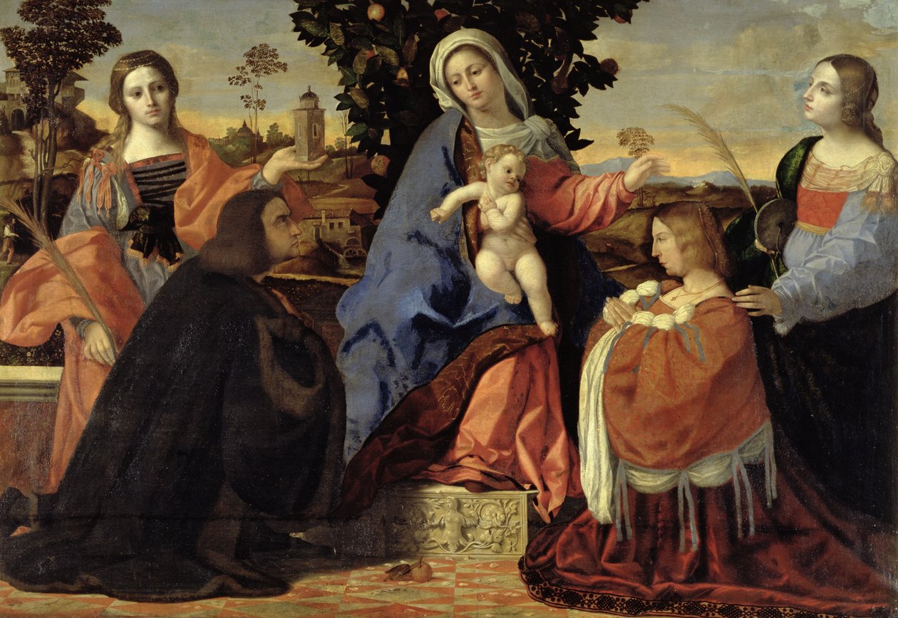 Hellig samtale med de hellige Barbara og Justina av Jacopo Palma