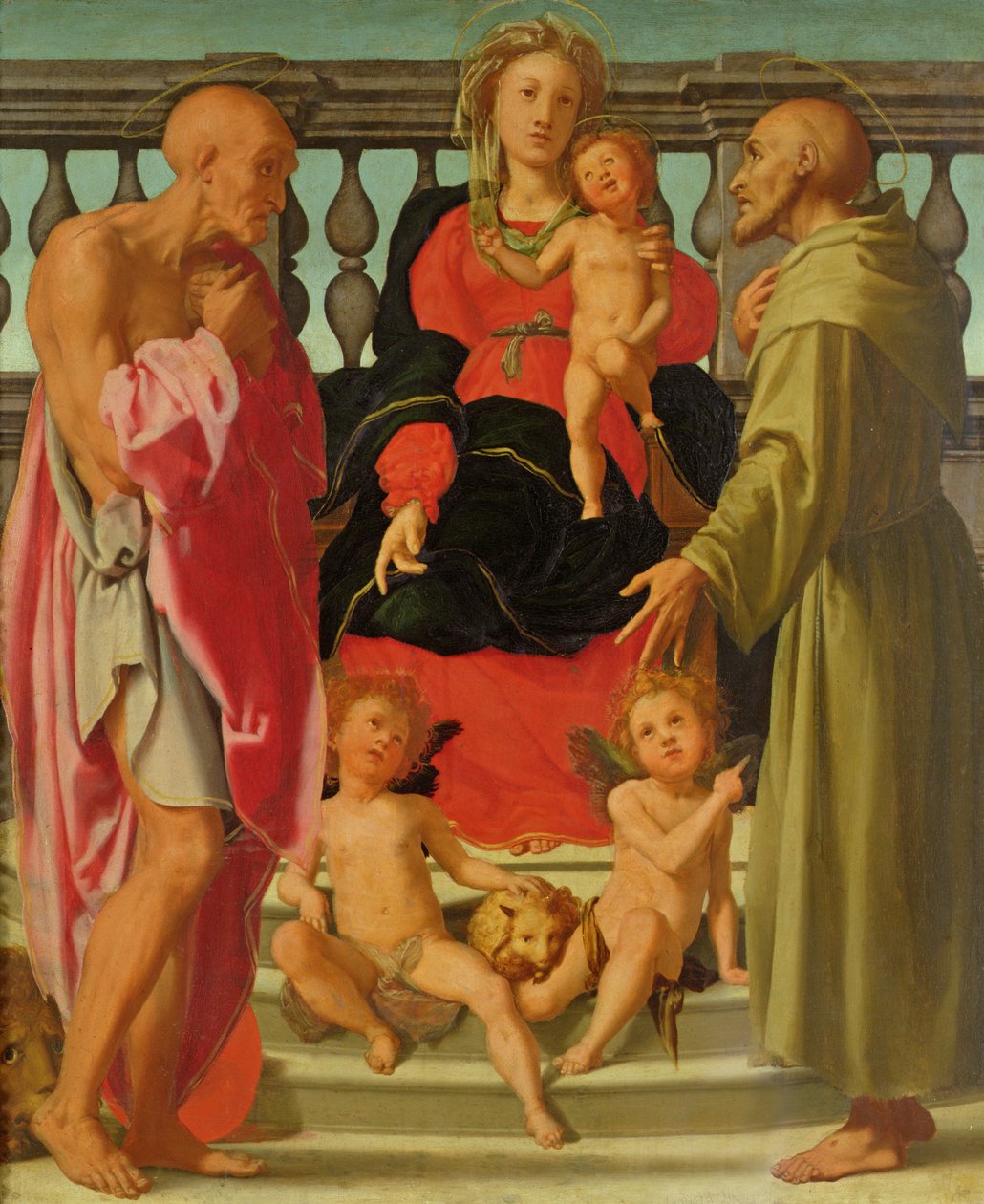 Madonna og barn med engler og SS. Jerome og Francis, ca. 1517-18 av Jacopo Pontormo