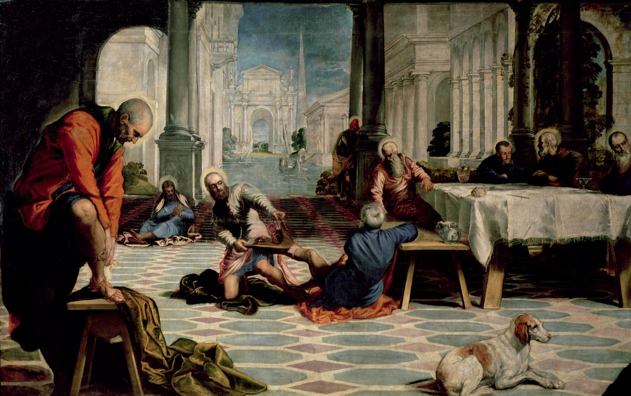Kristus vasker disiplenes føtter, detalj på venstre side, ca. 1547 av Jacopo Robusti Tintoretto