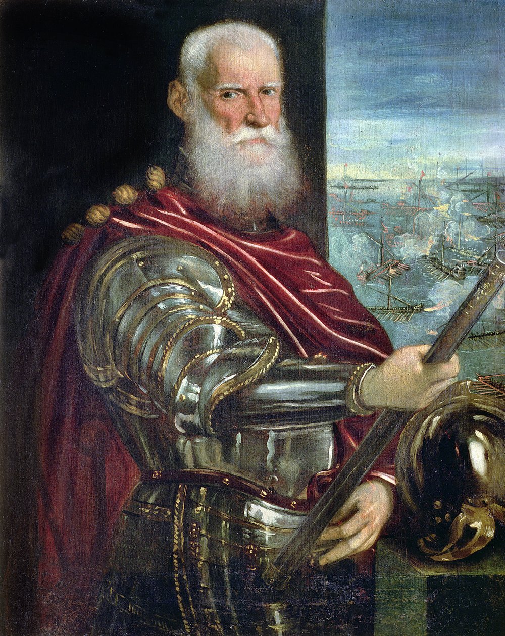 Portrett av Sebastiano Vernier (d.1578) øverstkommanderende for de venetianske styrkene i krigen mot Det osmanske riket med slaget ved Lepanto i bakgrunnen, ca. 1571 av Jacopo Robusti Tintoretto