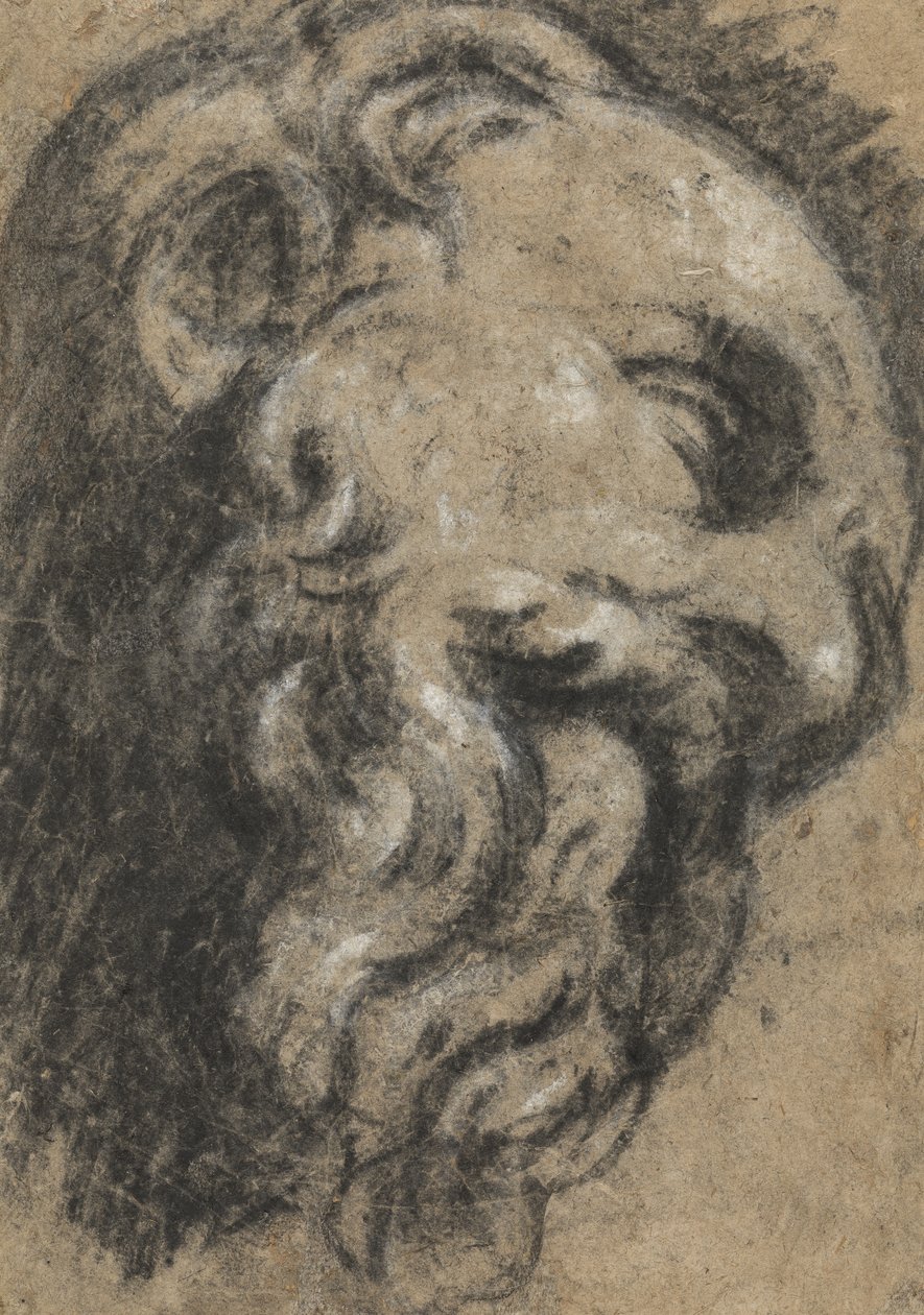 Studie etter Michelangelos Saint Damian, ca. mellom 1545 og 1550 (svart kritt, forsterket med hvitt på beige papir) av Jacopo Robusti Tintoretto