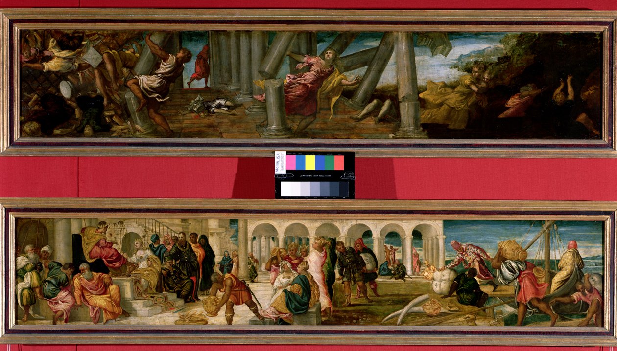Samsons død; Dronningen av Saba før kong Salomo (et par), 1543 av Jacopo Robusti Tintoretto