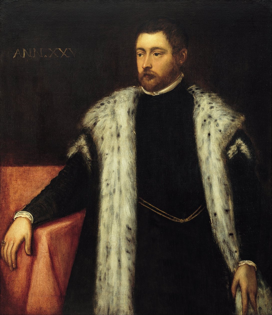 Tjuefem år gammel ungdom med pelsfôret frakk av Jacopo Robusti Tintoretto