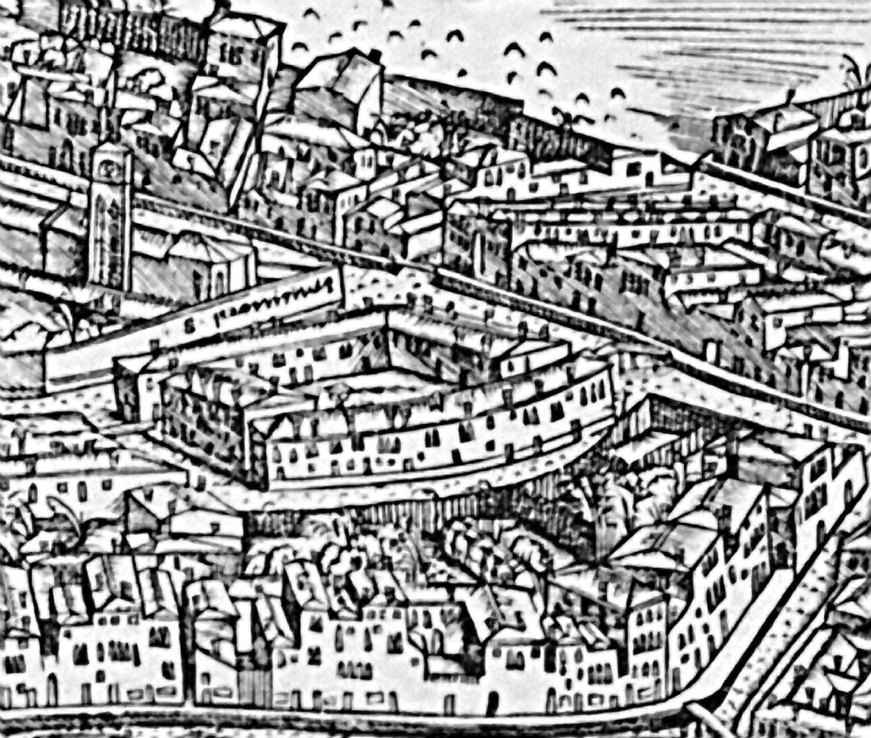 Grande Perspective Plan - Venezia, detalj av ghettoen, ca. 1500 graveringsdetalj av 416593 av Jacopo de Barbari