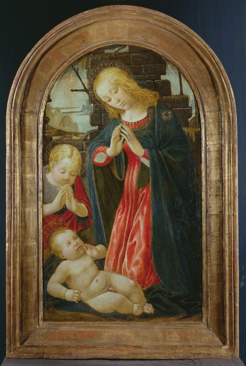 Madonna og barn med spedbarnet St. Johannes døperen (tempera på panel) av Jacopo del Sellaio