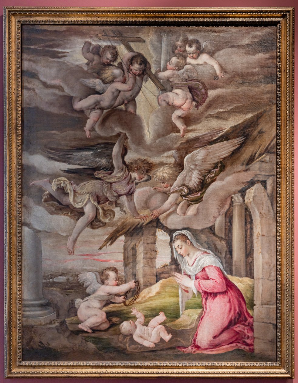 Tilbedelse av Jesusbarnet og engler med lidenskapens instrumenter av Jacopo (1510 92) Bassano