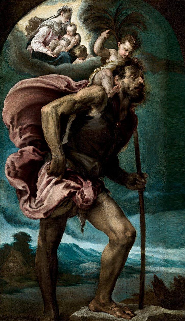 ""Saint Christopher"" Maleri av Jacopo Bassano den eldre (ca. 1510-1592) 1559 Dim 148x87 cm Museo Nacional de Bellas Artes, Havana, Cuba ©DeAgostini/Leemage av Jacopo Bassano