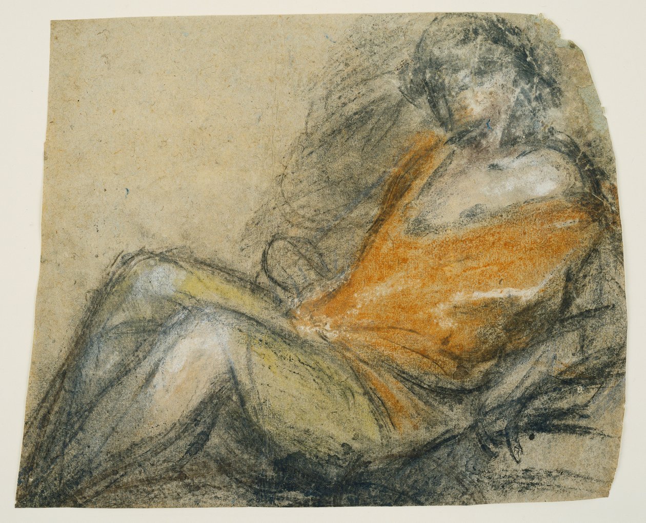 Studie av en liggende figur, ca. 1567 (svart penn, kritt og grafittpenn på grått papir) av Jacopo (1510 92) Bassano