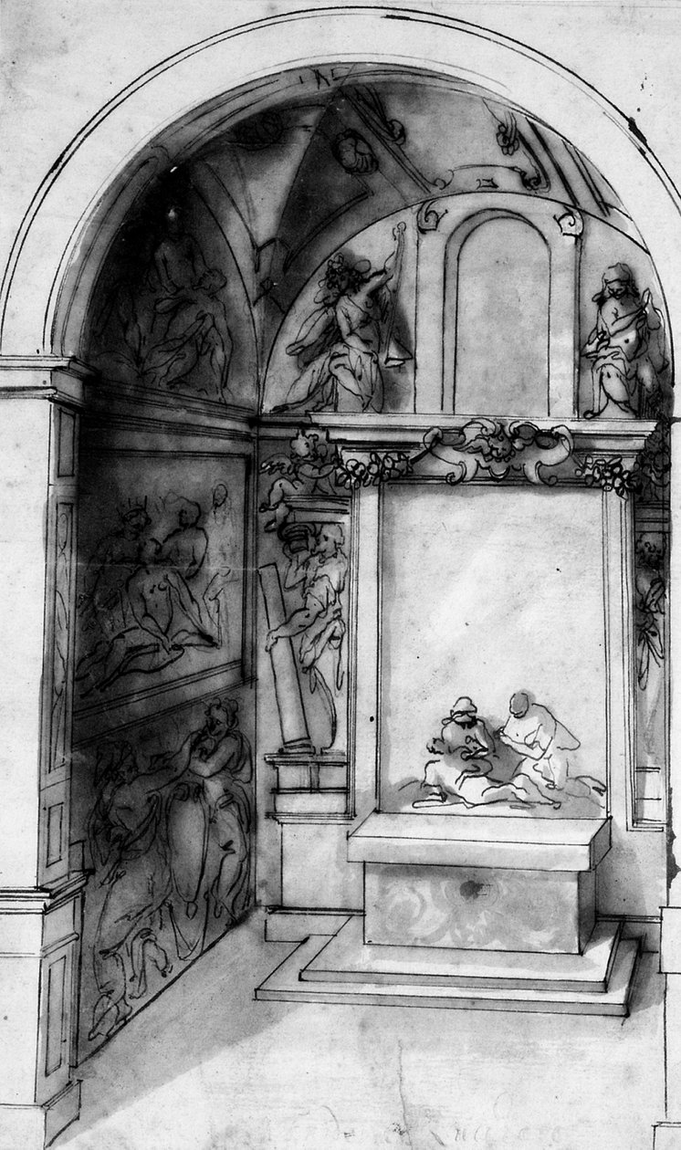 Et design for et kapell dekorert med fresker og et alter med en klagesang, bebudelsen ovenfor (svart kritt, penn og blekk med vask på papir) av Jacopo (attr. to) Zucchi