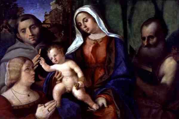 Sacra Conversazione med en giver (olje på panel) av Jacopo (c.1480 1528) Palma