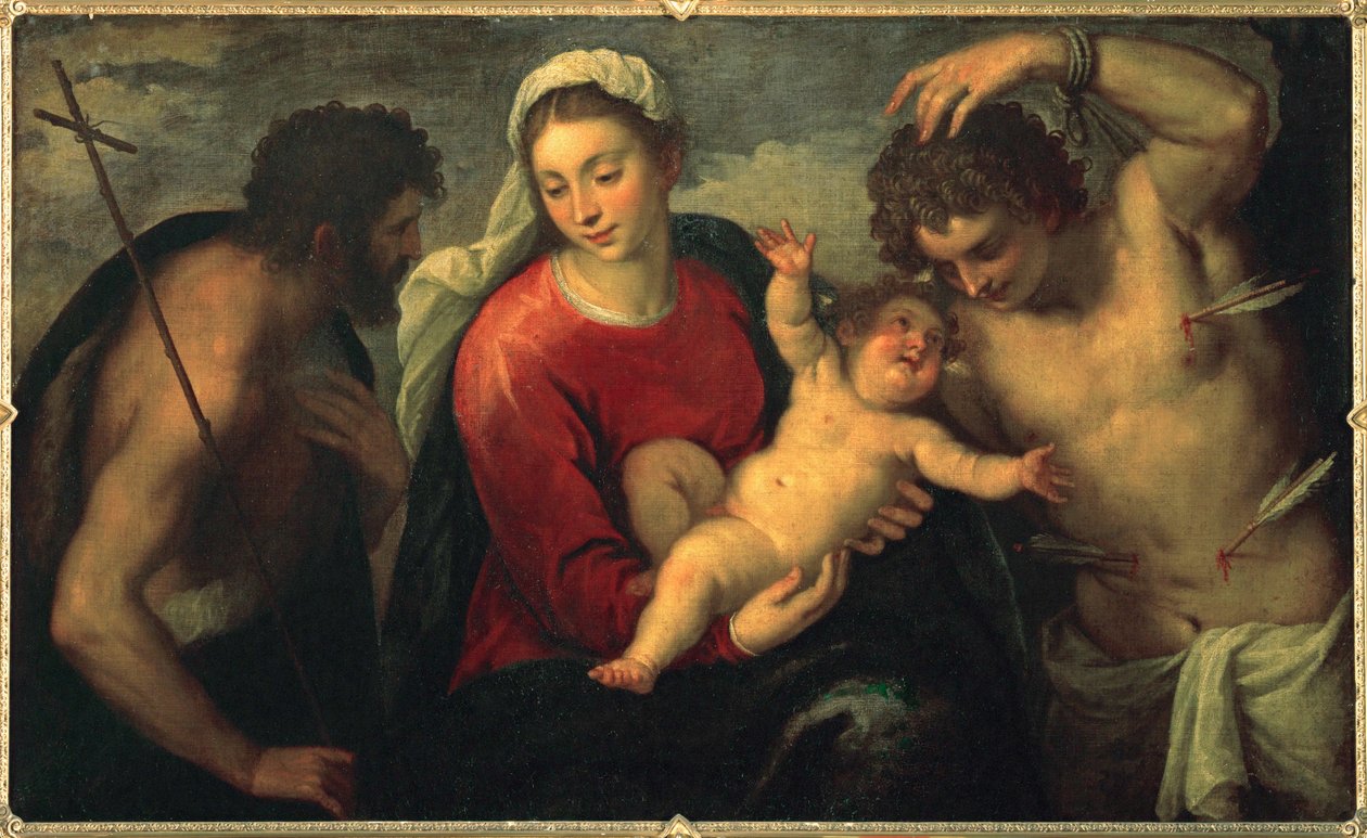 Jomfru Maria og barnet med døperen Johannes og den hellige Sebastian … (maleri på lerret) av Jacopo (c.1480-1528) Palma