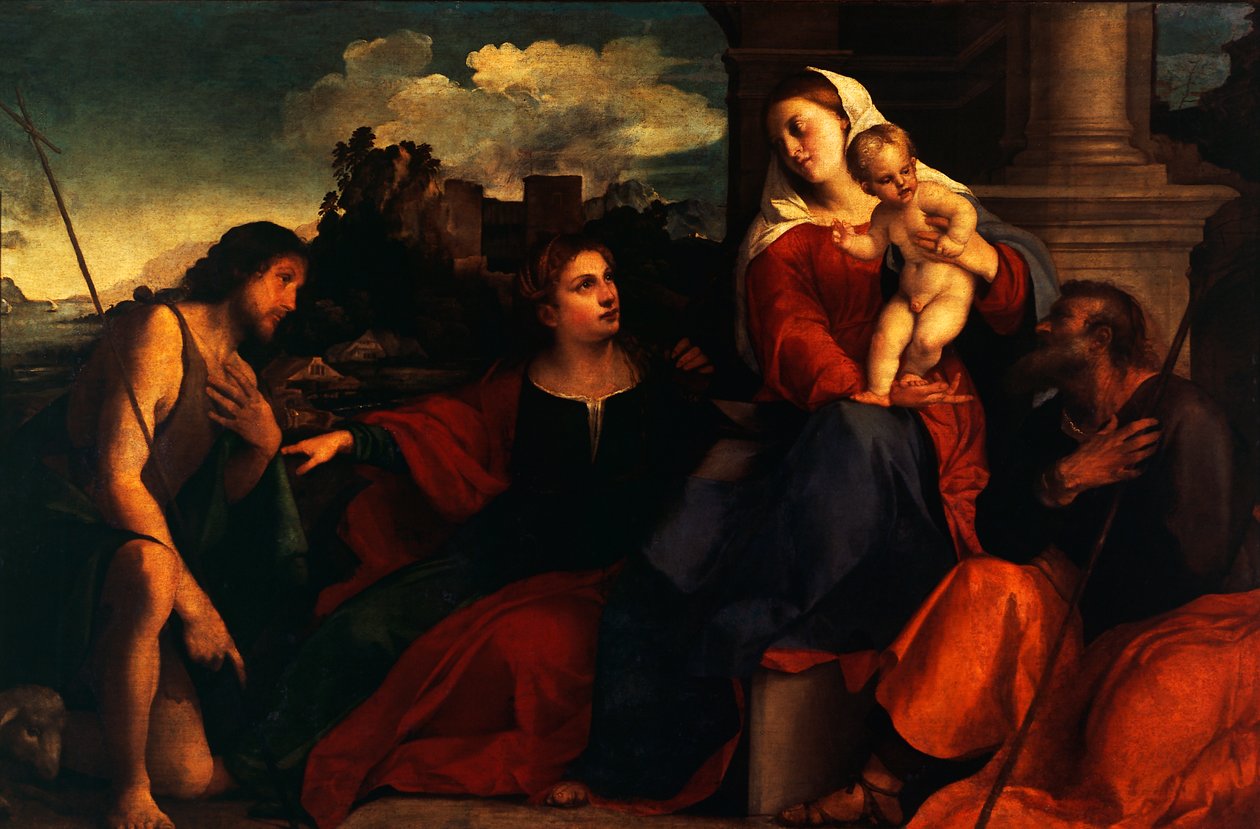 Hellig samtale, ca. 1525 (olje på lerret) av Jacopo (c.1480 1528) Palma