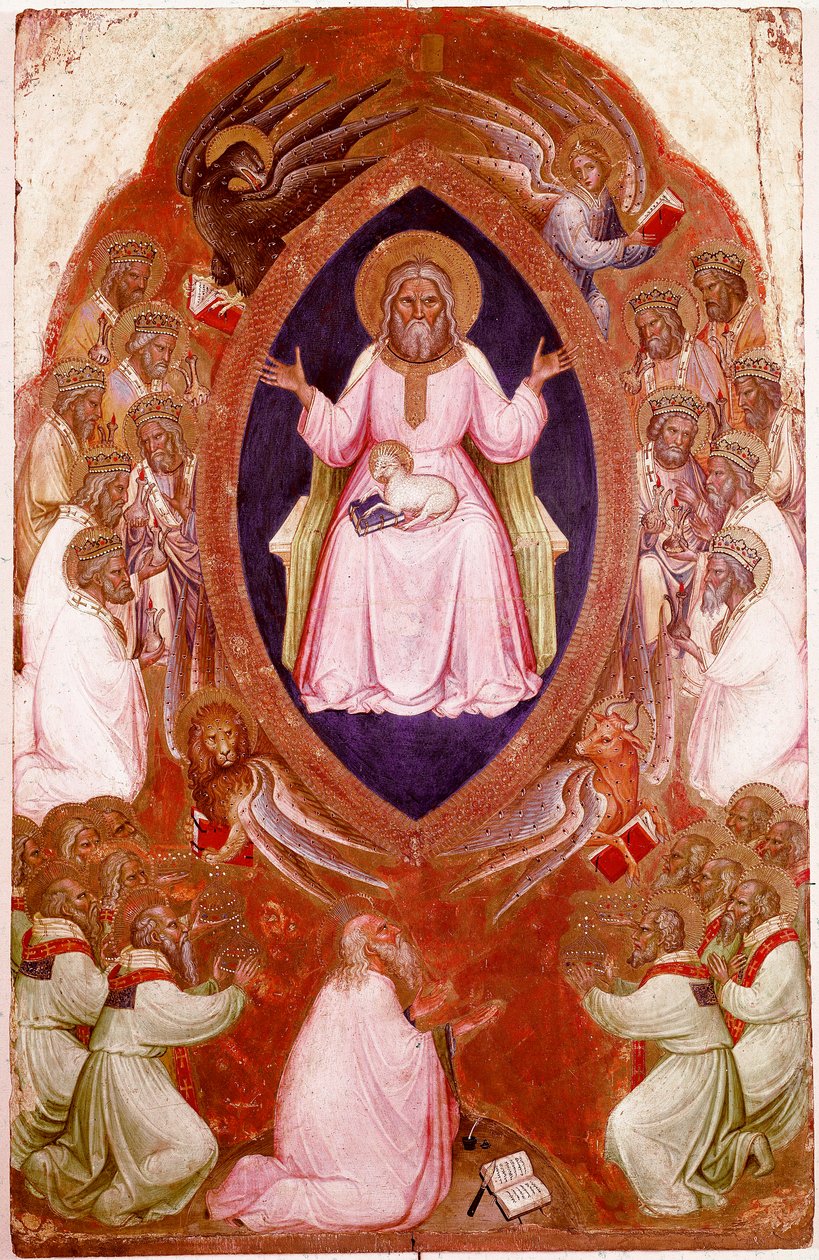 Sentralt panel av Polyptych of Revelation: The Vision of Saint John the Evangelist. Detrempe på tre av Jacobello Alberegno (1367-1397 ca.) 1360-1390. Gallerie dell