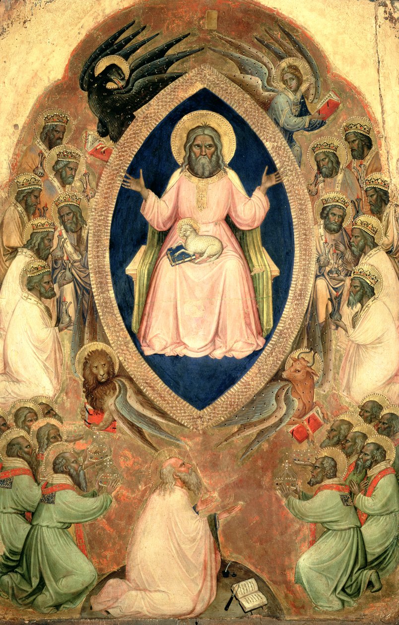 Gud Faderen tronet fra Apokalypsens Polyptych, etter 1343 (tempera på panel med gull) av Jacopo Alberegno