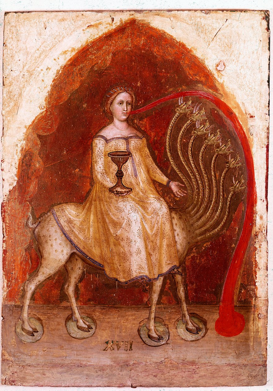Venstre panel av Polyptych of Revelation: beten har syv hoder og kvinnen som sitter på den, rik prostituert. Detrempe på tre av Jacobello Alberegno (1367-1397 ca.) 1360-1390. Gallerie dell