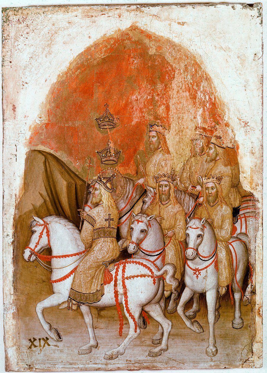 Høyre panel av Polyptych of Revelation: representasjon av de syv konger som deretter vil bli inkarnert av Bete med syv hoder. Detrempe på tre av Jacobello Alberegno (1367-1397 ca.) 1360-1390. Gallerie dell