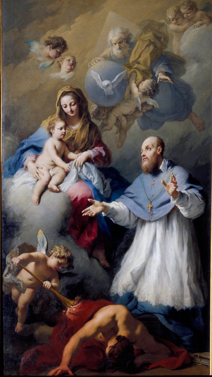 Jomfru og barn med Saint Francois-de-Sales (1567-1622), eveque av Genève Representasjon av Den hellige treenighet med Jesus Kristus, Gud og Den Hellige Ånds due. Maleri av Jacopo Amigoni (1675-1752) 1743 Venezia, kirken Santa Maria della Fava av Jacopo Amigoni