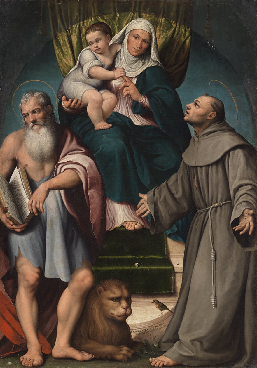 Den hellige Anna og spedbarnet Kristus tronet mellom de hellige Hieronymus og Frans, 1541. av Jacopo Bassano il vecchio
