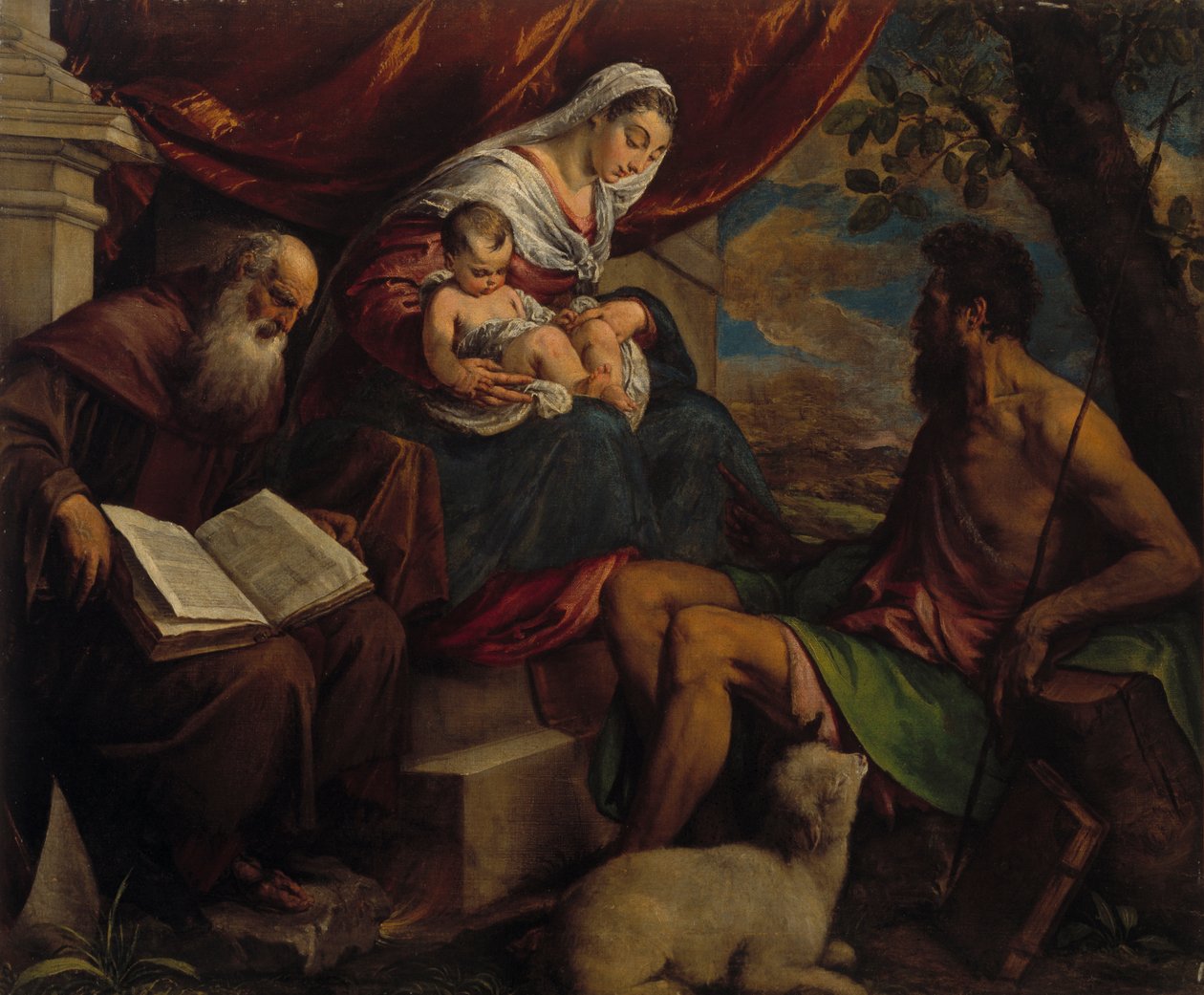 Jomfru og barn med døperen Johannes og abbeden Saint Anthony, 1560-tallet. av Jacopo Bassano il vecchio