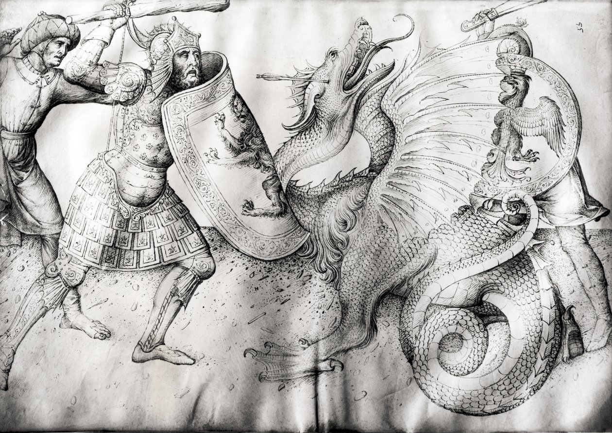 Kamp mellom krigere og en drage, ca. 1450 (blekk på vellum) av Jacopo Bellini